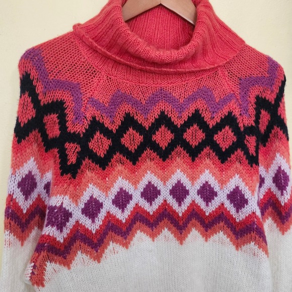 Aerie Fair Isle Turtleneck Sweater Red Cream Pink Soft‎ Oversized Slouchy Medium - Picture 4 of 12